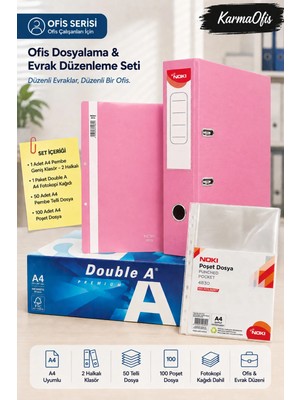 KarmaOfis A4 Ofis Pembe Renk Dosyalama Seti 2 Halkalı Geniş Klasör | 50 Telli Dosya | 100 Poşet Dosya | 500'LÜ A4 Fotokopi Kağıdı