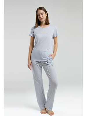 Pierre Cardin Kadın Bisiklet Yaka Pigment Baskılı Yazlık Regular Fit Mavi Pijama Takımı PC8978-S-V1