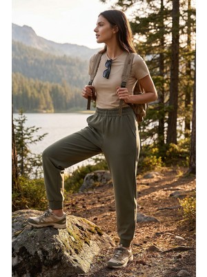 Haki Yüksek Bel Jogger Rahat Form Manşetli Kadın Eşofman Alt - 94561
