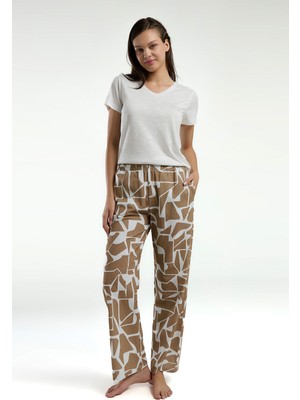 Pierre Cardin Kadın V Yaka Pigment Baskılı Yazlık Regular Fit Krem Pijama Takımı PC9015-S-V1