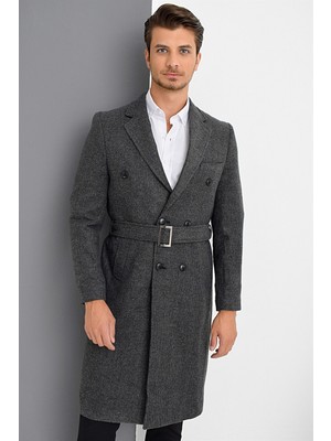 Dewberry Plt8382 Erkek Palto Antrasit Renk Yün Polyester Malzemeden Uzun Kol Düz Desenli XL Beden