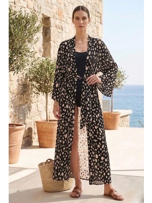 Deriderim Siyah Beyaz Puantiyeli Kaftan Plaj Elbisesi