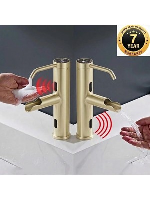 OEM Sensörlü Banyo Lavabo Bataryası+Sıvı Sabunluklu 2in1 Modern Lüx 2026 Ithal 7 Yıl Garanti Mat Gold
