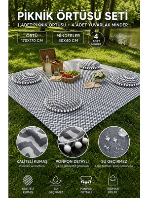 Rona Home "piknik Örtüsü Seti Su Geçirmez 170X170 cm 4 Minderli Ponponlu Gri Leke Tutmaz Kamp Örtüsü"