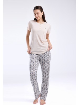 Pierre Cardin Kadın Hakim Yaka Pigment Baskılı Yazlık Regular Fit Krem Pijama Takımı PC8961-S-V1