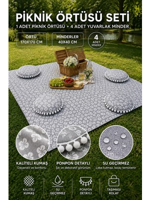 Rona Home Su Geçirmez Piknik Örtüsü ve Minder Seti 170X170 cm Örtü 4 Adet Yuvarlak Ponponlu Minder