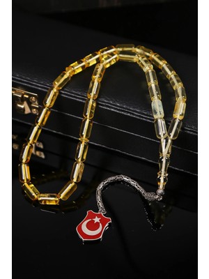 Tesbihkenti Gümüş Türk Bayraklı Iri Tane Damla Kehribar Tesbih