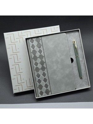 Kutulu Gri Defter ve Metal Kalem Seti