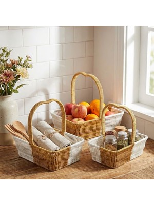 Iç Içe Geçebilen 3’lü Çift Renkli Dikdörtgen Formlu Kalp Saplı Plastik Rattan Sepet Seti