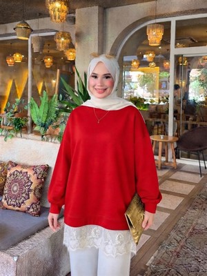 Trendparis Altı Dantel Detaylı Oysho Kumaş Oversize Tunik Kırmızı