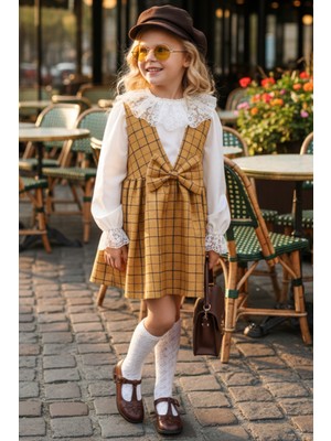 Parla Kids Kız Çocuk Anna Hardal Kareli Fiyonklu Jile Elbise Ekru Dantel Detaylı Bluz Takım