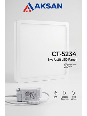 Cata CT-5234 18W Sıva Üstü Kare LED Panel Armatür 6400K Beyaz Işık 1900 Lümen Tavan Aydınlatması (Trafo Dahil)