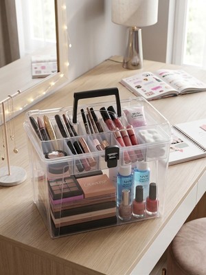 Olia Home Şeffaf Bölmeli Organizer Kutu – Makyaj, Takı, Tuhafiye ve Hobi Malzemesi Saklama Kutusu 22 cm