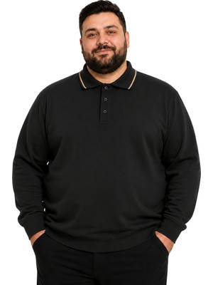 Battal Moda Erkek Büyük Beden Siyah Iki Iplik Düğmeli Polo Yaka Sweatshirt 3xl-4xl-5xl-6x