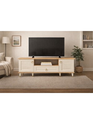 Dekurt Modern Ahşap Bej Tv Ünitesi Kapaklı Televizyon Ünitesi Salon Tv Sehpası 160CM