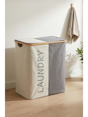 Bambu 2 Bölmeli Kirli Çamaşır Sepeti Banyo Düzenleyici Sepet 53,5X28 cm