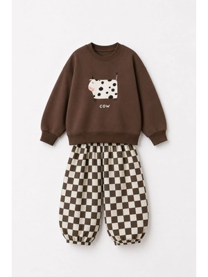 Yiğit Butik Çocuk Inek Baskılı 2 Iplik Sweatshirt Gabardin Pantolon Alt Üst Takım