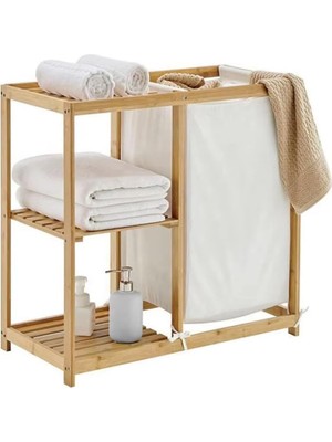 Bambu Kirli Çamaşır Sepeti, Banyo Düzenleme Dolabı, Raflı Banyo Organizeri, Kahverengi, 50X70