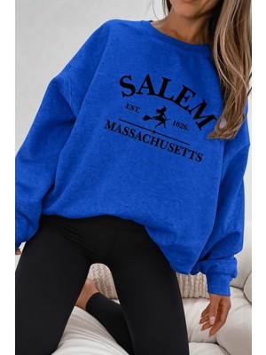 Oksit Bs Salem Massachusetts Ön Baskılı Kadın Oversize Bisiklet Yaka Sweatshirt