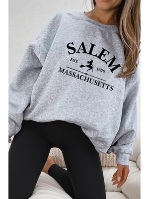 Oksit Bs Salem Massachusetts Ön Baskılı Kadın Oversize Bisiklet Yaka Sweatshirt