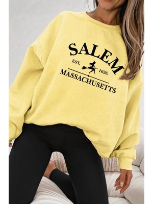 Oksit Bs Salem Massachusetts Ön Baskılı Kadın Oversize Bisiklet Yaka Sweatshirt