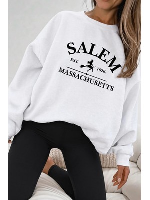 Oksit Bs Salem Massachusetts Ön Baskılı Kadın Oversize Bisiklet Yaka Sweatshirt