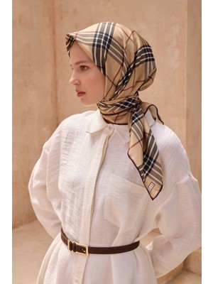Belli Twill Ipek Eşarp Ekose Kareli, Camel