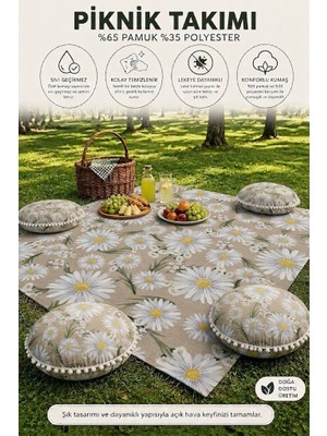 Rona Home Piknik Örtüsü Takımı Papatya Desenli Sıvı Geçirmez Leke Tutmaz 4 Minderli Piknik Örtüsü Seti