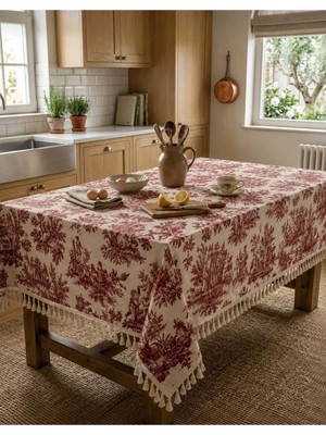 Luxoras Home Fransız Köylü Desenli Püsküllü Duck Kumaş Masa Örtüsü