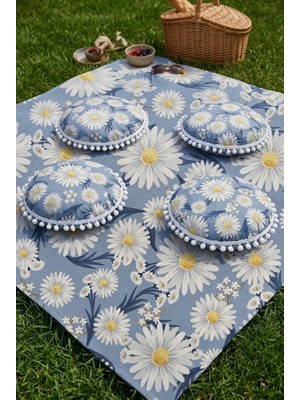 Rona Home Mavi Papatyalı Piknik Örtüsü ve Yer Minderi Seti 4 Adet Ponponlu Minder Bahçe Yer Sofrası Takımı