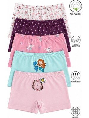 Özkan Underwear Özkan 41602 5'li Paket Kız Çocuk Karışık Renkli Desenli Pamuklu Yumuşak Rahat Şort Boxer
