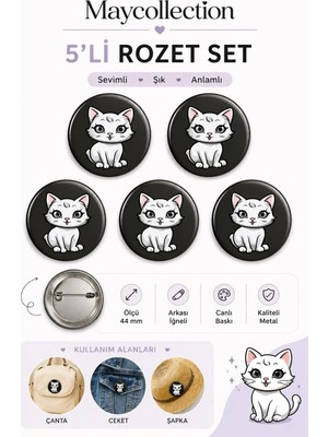 Sevimli Kedi Rozet Seti Ceket-Çanta-Kalemlik-Şapka-Aksesuar Rozeti  (44MM) 5 Adet
