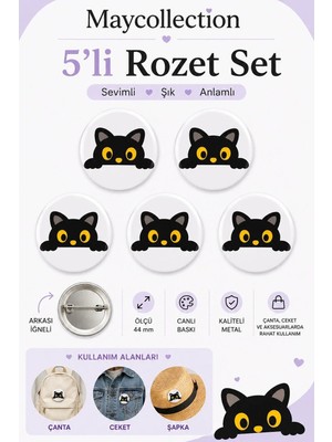 Sevimli Kedi Rozet Seti Ceket-Çanta-Kalemlik-Şapka-Aksesuar Rozeti  (44MM) 5 Adet