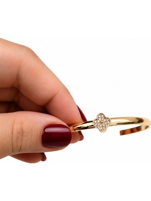 Bartuva Design Taşlı Yonca Figürlü Gold Açık Kelepçe Kadın Bileklik ✨🍀
