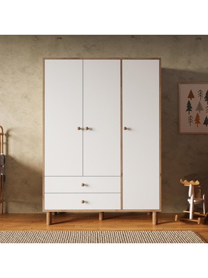 Bimossa KG3010 Bunny Sepet-Beyaz 120 Cm, 3 Kapaklı Gardırop, 2 Çekmeceli Yüksek Ayaklı Çocuk Odası Gardırobu