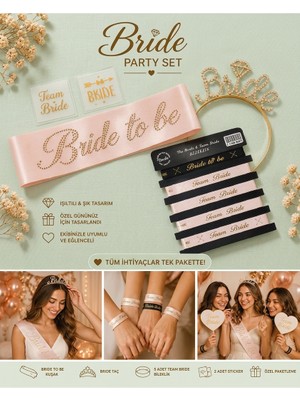 Vipfoni Bride To Be Bekarlığa Veda Seti 4 Parça – Taşlı Kuşak, Taşlı Metal Taç, Bileklik ve Dövme Seti