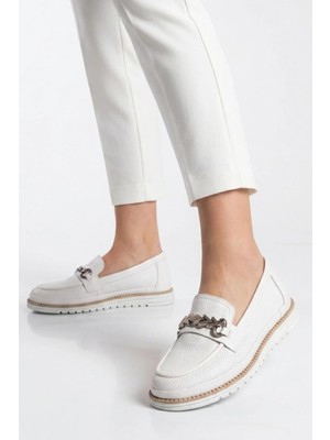 Voyager Beyaz Hakiki Deri Anatomik Rahat Tabanlı Toka Detaylı Kadın Casual Ayakkabı Loafer Z273 Z
