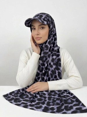 Flora Tekstil Şapkalı Boneli Hazır Şal - Leopar Desen - Hijab Üstü Kullanılabilen Havuz Deniz Bone - Esnek Kumaş