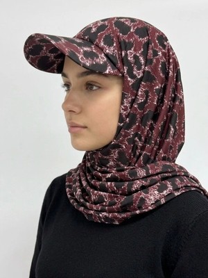 Flora Tekstil Şapkalı Boneli Hazır Şal - Leopar Desen - Hijab Üstü Kullanılabilen Havuz Deniz Bone - Esnek Kumaş