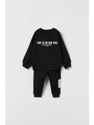 Monila Unisex Siyah Basic Baskılı 3 Iplik Kumaş Eşofman Altüst Takım