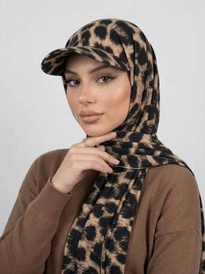 Flora Tekstil Şapkalı Boneli Hazır Şal - Leopar Desen - Hijab Üstü Kullanılabilen Havuz Deniz Bone - Esnek Kumaş