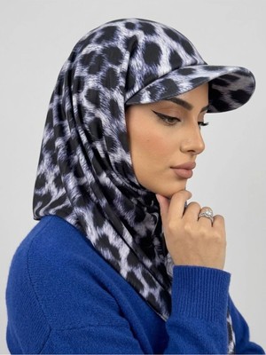 Flora Tekstil Şapkalı Boneli Hazır Şal - Leopar Desen - Hijab Üstü Kullanılabilen Havuz Deniz Bone - Esnek Kumaş