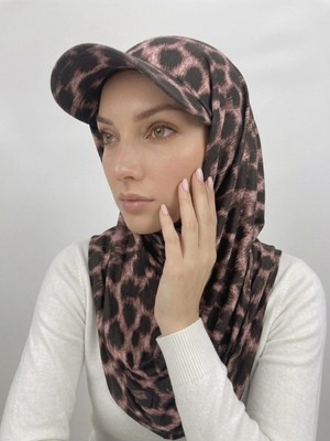 Flora Tekstil Şapkalı Boneli Hazır Şal - Leopar Desen - Hijab Üstü Kullanılabilen Havuz Deniz Bone - Esnek Kumaş