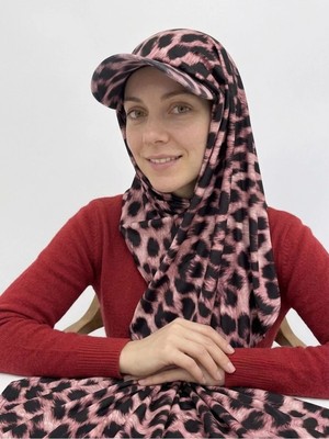 Flora Tekstil Şapkalı Boneli Hazır Şal - Leopar Desen - Hijab Üstü Kullanılabilen Havuz Deniz Bone - Esnek Kumaş