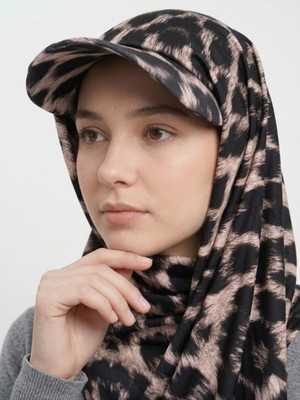 Flora Tekstil Şapkalı Boneli Hazır Şal - Leopar Desen - Hijab Üstü Kullanılabilen Havuz Deniz Bone - Esnek Kumaş