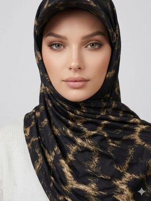 Flora Tekstil Şapkalı Boneli Hazır Şal - Leopar Desen - Hijab Üstü Kullanılabilen Havuz Deniz Bone - Esnek Kumaş