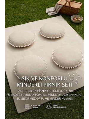 Rona Home Piknik Örtüsü 170X170 cm 4'lü Minderli Piknik Seti Ekru Ponponlu Açık Hava Kamp Bahçe Örtüsü