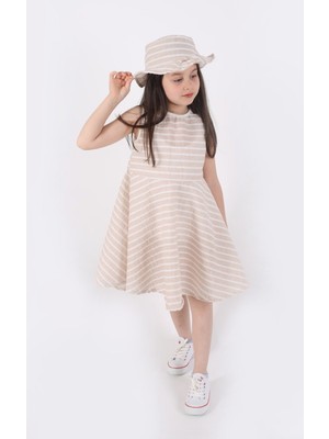 Aden Kids Kız Çocuk Çizgili Yazlık Elbise ve Şapka Takımı 2'li - 4-12 Yaş (Pembe, Mavi, Bej, Bordo)