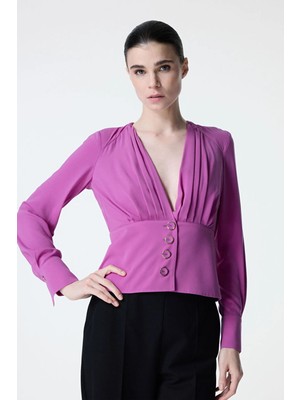 adL Drape Detaylı Önü Düğmeli Bluz Fuşya 11546002001