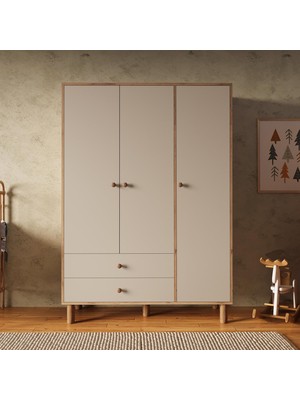 Bimossa KG3020 Bunny Sepet-Kumtaşı 120CM, 3 Kapaklı Gardırop, 2 Çekmeceli Yüksek Ayaklı Çocuk Odası Gardırop